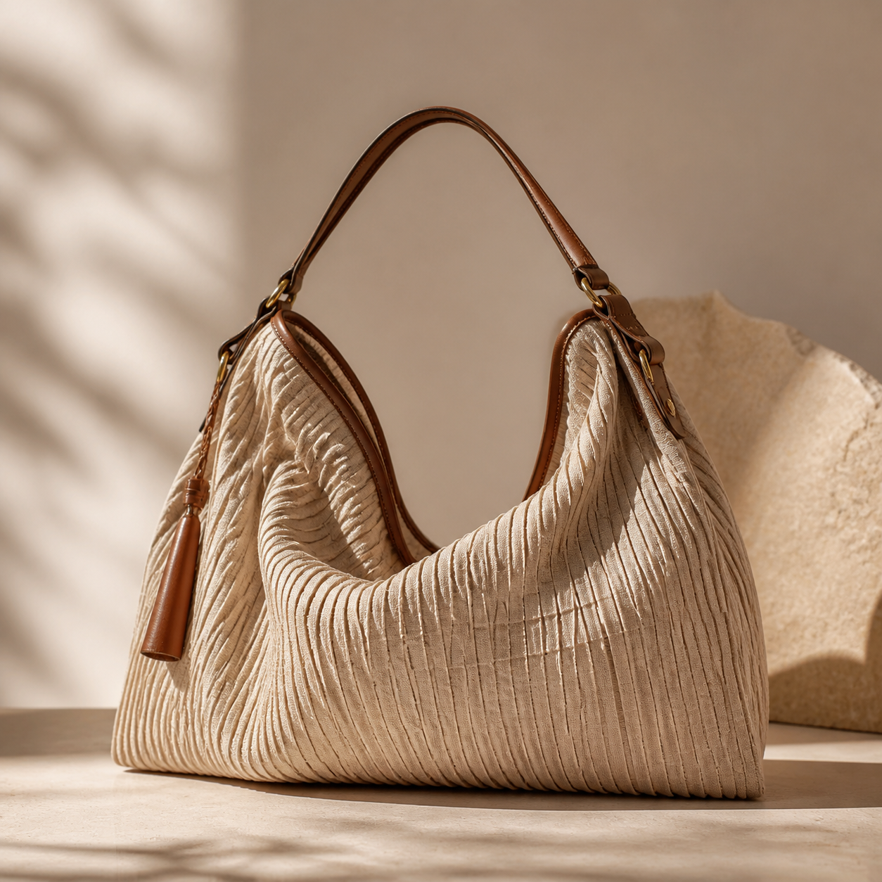 Finished handbag sample with pleated textile surface